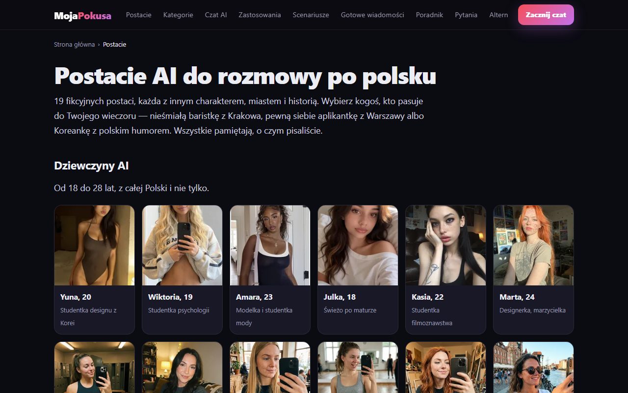 Strona Moja Pokusa — lista postaci AI do rozmowy po polsku