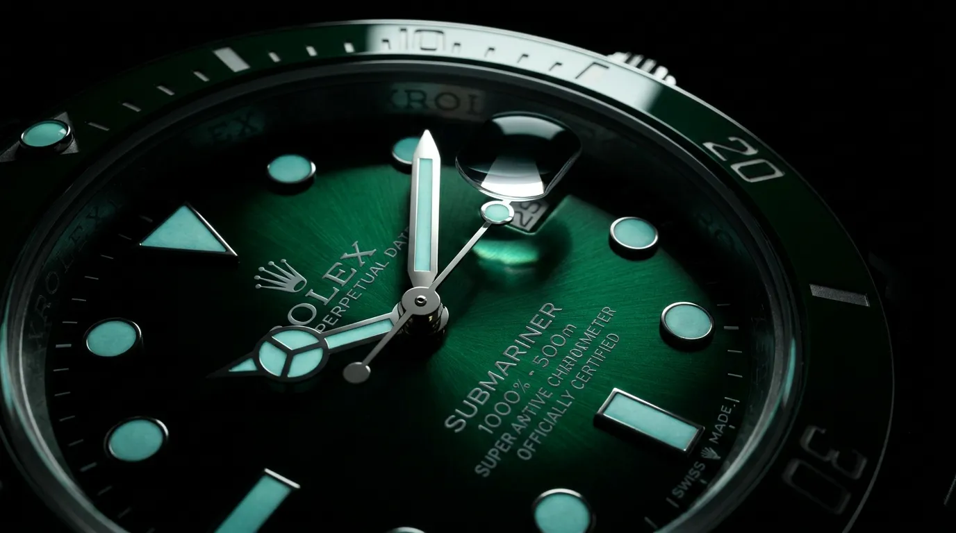 Makro zielonej tarczy Rolexa Submariner w ciemności